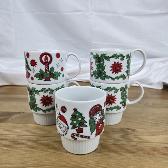 Vintage 1970s Trimont Ware Japan Stacking Mugs Cups Christmas Holiday Set of 5 - Picture 3 of 11